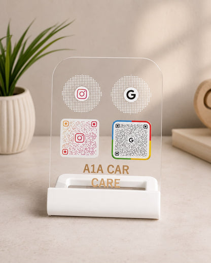 NFC Google Review & Instagram QR Stand | Premium Acrylic Table Display