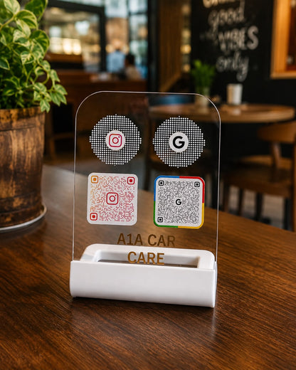 NFC Google Review & Instagram QR Stand | Premium Acrylic Table Display