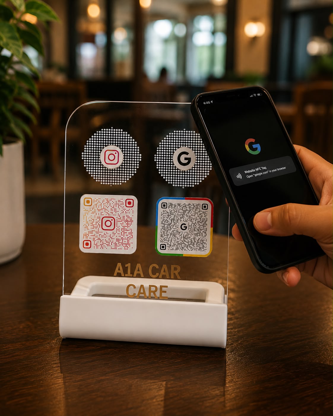 NFC Google Review & Instagram QR Stand | Premium Acrylic Table Display