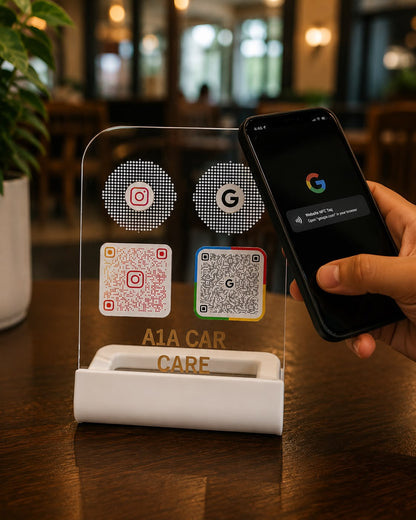 NFC Google Review & Instagram QR Stand | Premium Acrylic Table Display