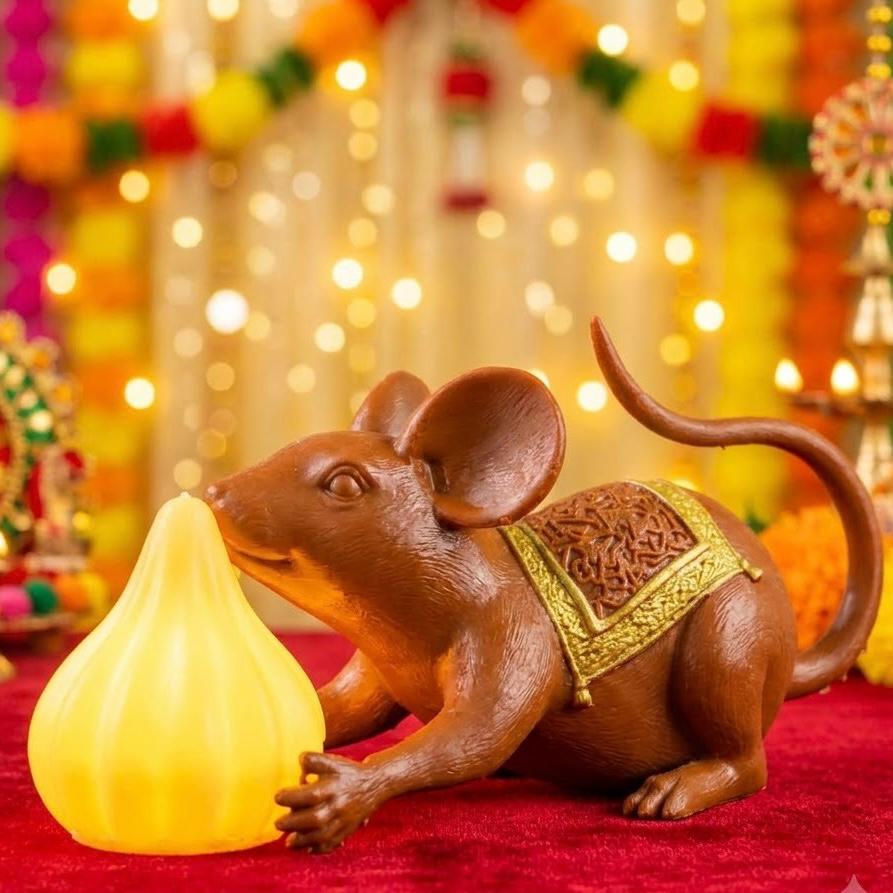 Mushak Lamp with Detachable LED Modak & Laddoo | Ganpati Décor